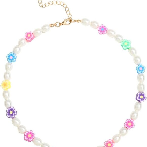 2021 New Korea Sweet Flower Pearl Necklace Assorted Rainbow Colour Glass Beads C - Picture 1 of 4